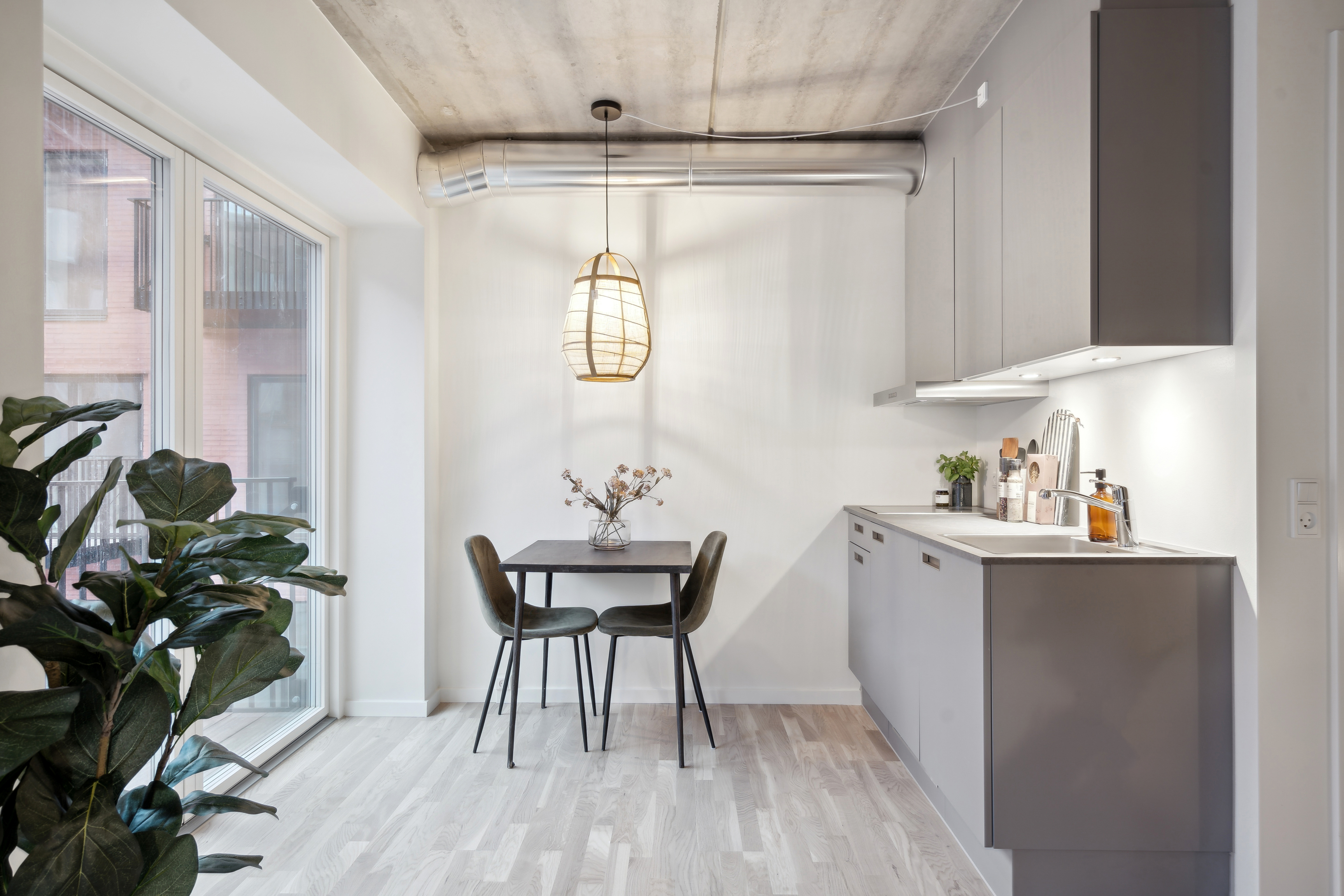 Modern kitchen and dining area with pendant light