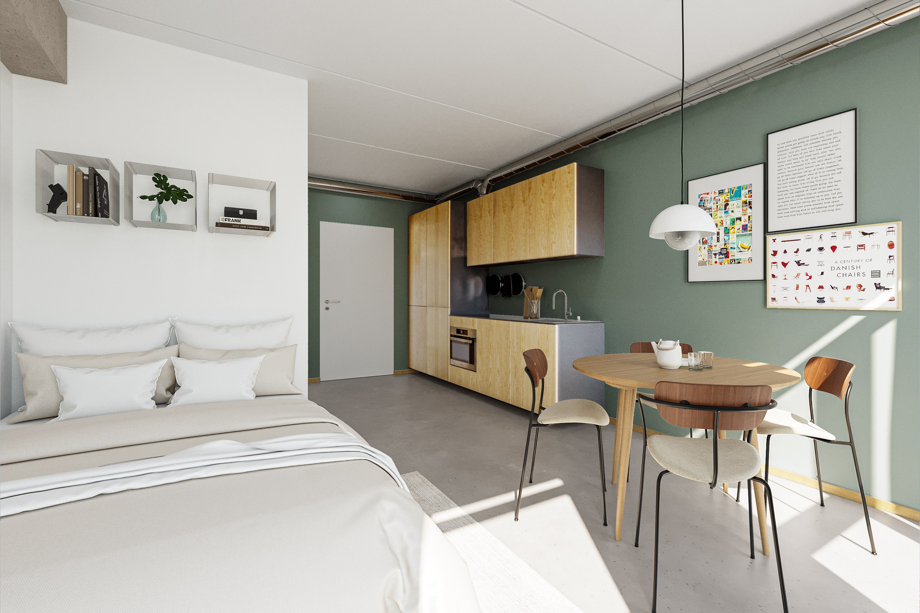 Modern studio apartment with sage green walls